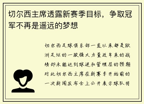 切尔西主席透露新赛季目标，争取冠军不再是遥远的梦想