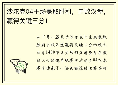 沙尔克04主场豪取胜利，击败汉堡，赢得关键三分！